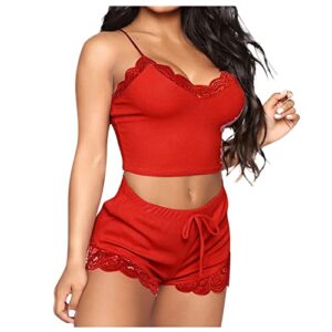 lenceria sexy, women's lingerie sexy naughty 2piece outfits for women lengerie set women's underwear solid color suspender shorts two-piece pajama suit lingerie set teddy with push (s, red)