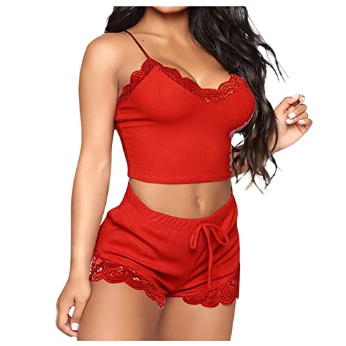 Lenceria Sexy, Women's Lingerie Sexy Naughty 2Piece Outfits for Women Lengerie Set Women's Underwear Solid Color Suspender Shorts Two-Piece Pajama Suit Lingerie Set Teddy with Push (S, Red)