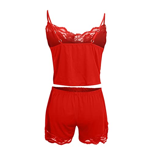 Lenceria Sexy, Women's Lingerie Sexy Naughty 2Piece Outfits for Women Lengerie Set Women's Underwear Solid Color Suspender Shorts Two-Piece Pajama Suit Lingerie Set Teddy with Push (S, Red)