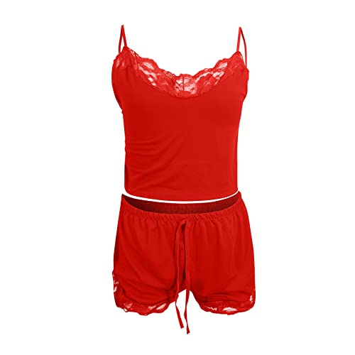 Lenceria Sexy, Women's Lingerie Sexy Naughty 2Piece Outfits for Women Lengerie Set Women's Underwear Solid Color Suspender Shorts Two-Piece Pajama Suit Lingerie Set Teddy with Push (S, Red)