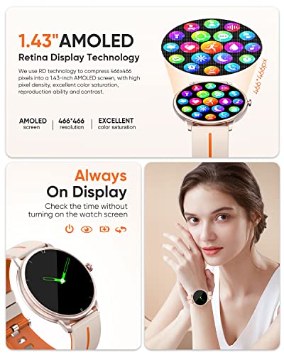 HYSTORM Health Smart Watches for Women, 1.43" AMOLED Always-on Display Fitness Tracker Smart Watch with Bluetooth Call, 8 Health Apps Blood Glucose HRV Monitor Waterproof Smartwatch for Android iOS