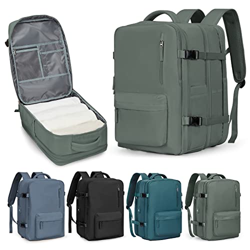 Large Travel Carry on Laptop Backpack for Women Men, Expandable Flight Approved Backpack, Waterproof Sports College bag Casual Daypack for Weekender Business Hiking with Shoe Compartment DarkGreen