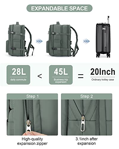 Large Travel Carry on Laptop Backpack for Women Men, Expandable Flight Approved Backpack, Waterproof Sports College bag Casual Daypack for Weekender Business Hiking with Shoe Compartment DarkGreen