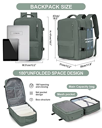 Large Travel Carry on Laptop Backpack for Women Men, Expandable Flight Approved Backpack, Waterproof Sports College bag Casual Daypack for Weekender Business Hiking with Shoe Compartment DarkGreen