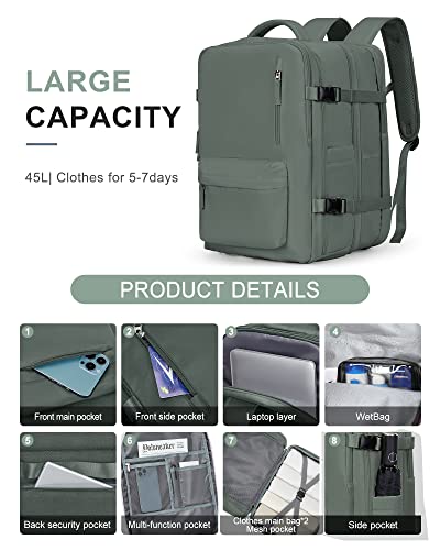 Large Travel Carry on Laptop Backpack for Women Men, Expandable Flight Approved Backpack, Waterproof Sports College bag Casual Daypack for Weekender Business Hiking with Shoe Compartment DarkGreen