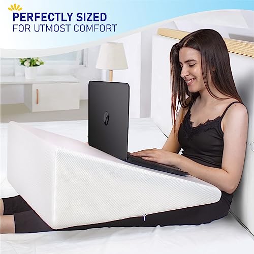 Bed Wedge Pillow Cooling Memory Foam Top – 10" 24" 24" Elevated Support Cushion, Triangle Wedge Pillow for Sleeping, Lower Back Pain, Acid Reflux, Heartburn, Allergies, Snoring – Removable Cover