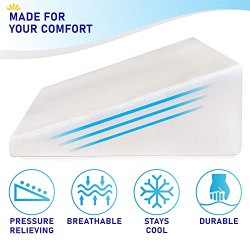 Bed Wedge Pillow Cooling Memory Foam Top – 10" 24" 24" Elevated Support Cushion, Triangle Wedge Pillow for Sleeping, Lower Back Pain, Acid Reflux, Heartburn, Allergies, Snoring – Removable Cover