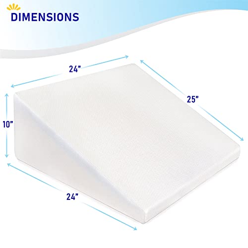 Bed Wedge Pillow Cooling Memory Foam Top – 10" 24" 24" Elevated Support Cushion, Triangle Wedge Pillow for Sleeping, Lower Back Pain, Acid Reflux, Heartburn, Allergies, Snoring – Removable Cover