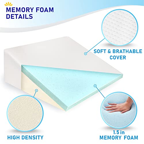 Bed Wedge Pillow Cooling Memory Foam Top – 10" 24" 24" Elevated Support Cushion, Triangle Wedge Pillow for Sleeping, Lower Back Pain, Acid Reflux, Heartburn, Allergies, Snoring – Removable Cover