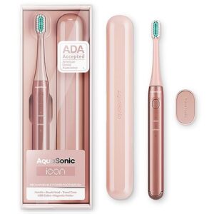 aquasonic icon ada-accepted rechargeable toothbrush | magnetic holder & slim travel case | 2 brushing modes & smart timers | modern & convenient (blush)