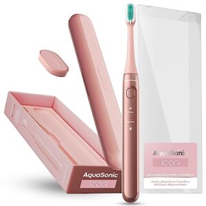 Aquasonic Icon ADA-Accepted Rechargeable Toothbrush | Magnetic Holder & Slim Travel Case | 2 Brushing Modes & Smart Timers | Modern & Convenient (Blush)