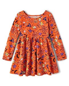 the children's place baby girls' and toddler long sleeve halloween printed dress, witch orange
