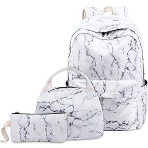 limhoo school bags for teen girls, teenagers school backpack, bookbag with lunch box pencil case (marble)