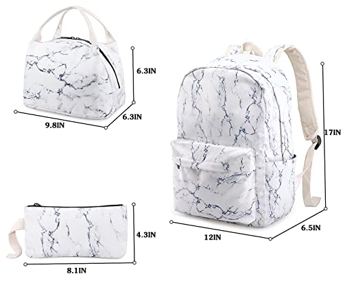 LIMHOO School Bags for Teen Girls, Teenagers School Backpack, Bookbag with Lunch Box Pencil Case (Marble)