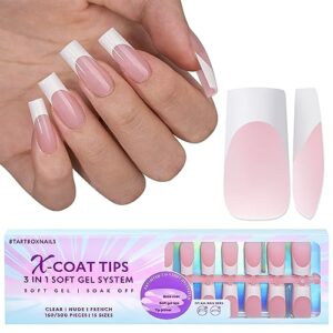 btartboxnails french gel nail tips -150pcs french tip press on nails pink long square 3 in 1 x-coat tips pre-applied tip primer & base coat, no need to file fake nails for nail art diy 15 sizes