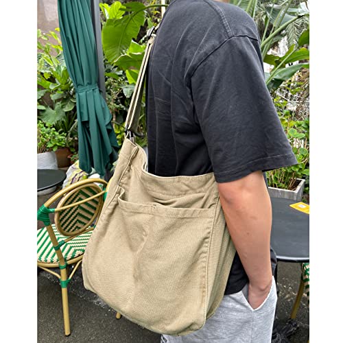 Canvas Hobo Crossbody Shoulder Tote Bag for Women and Men W/Multi-pocket Casual Purse Messenger Bags Travel Work (Khaki/607)