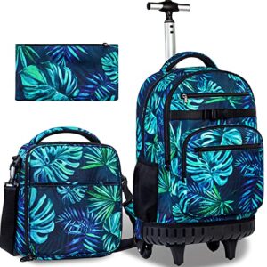 ftjcf 3pcs rolling backpack for men, 21 inche adult bag with roller wheels, wheeled bookbag set for boys - green
