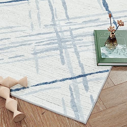 jinchan Area Rug 5x7 Modern Washable Rug Abstract Rug Geometric Grid Non Slip Accent Rug Thin Rug Outdoor Floor Cover Blue Lines Contemporary Soft Rug Carpet Kitchen Living Room Bedroom Dining Room