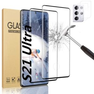 [2+2 pack] galaxy s21 ultra screen protector, 9h tempered glass include two camera lens protector,ultrasonic fingerprint compatible,3d curved, hd clear for samsung s21 ultra 5g glass screen protector 6.8 inch