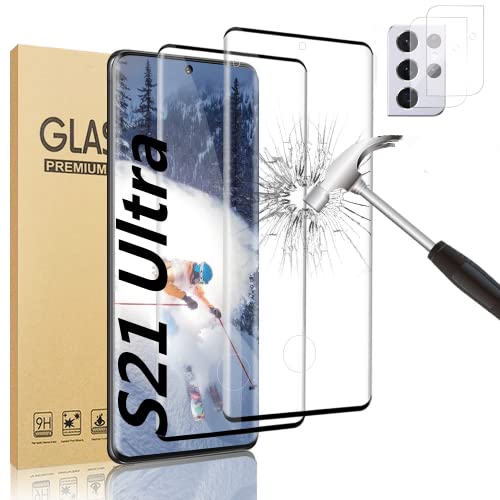 [2+2 Pack] Galaxy S21 Ultra Screen Protector, 9H Tempered Glass Include two Camera Lens Protector,Ultrasonic Fingerprint Compatible,3D Curved, HD Clear for Samsung S21 Ultra 5G Glass Screen Protector 6.8 Inch