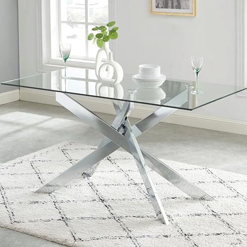 Edwin's Choice Rectangle Glass Dining Table, Tempered Glass Tabletop and Metal Tubular Legs, Modern Style Table for Home, Kitchen, Dining Room 58.5”Lx29”Wx30”H, Silver