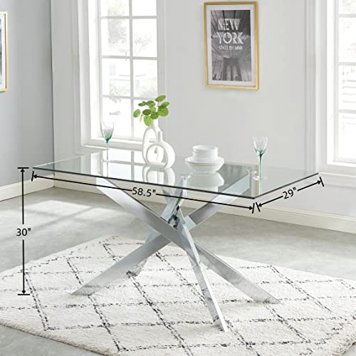 Edwin's Choice Rectangle Glass Dining Table, Tempered Glass Tabletop and Metal Tubular Legs, Modern Style Table for Home, Kitchen, Dining Room 58.5”Lx29”Wx30”H, Silver