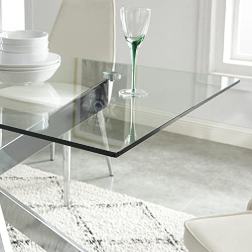 Edwin's Choice Rectangle Glass Dining Table, Tempered Glass Tabletop and Metal Tubular Legs, Modern Style Table for Home, Kitchen, Dining Room 58.5”Lx29”Wx30”H, Silver