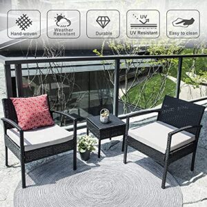 FHFO 3 Pieces Patio Furniture Set, Balcony Furniture, Patio Bistro Set All-Weather Wicker Chairs Conversation Set with Cushions Table for Outdoor Backyard Porch Lawn (Black-Grey)
