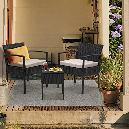 FHFO 3 Pieces Patio Furniture Set, Balcony Furniture, Patio Bistro Set All-Weather Wicker Chairs Conversation Set with Cushions Table for Outdoor Backyard Porch Lawn (Black-Grey)