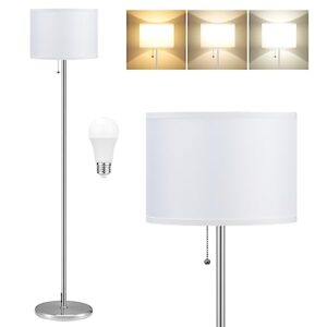 ambimall floor lamp for bedroom, 3 color temperature led floor lamp with pull chain switch, modern silver standing lamps for living room, office, kids room, reading(white shade)