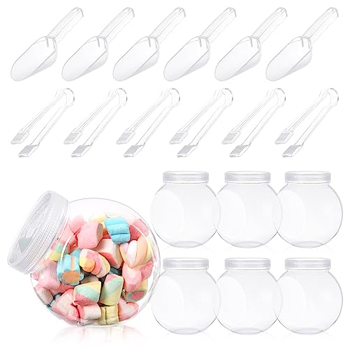 6 Pcs 51 oz Plastic Candy Jars for Candy Buffet Candy Bar Containers for Party with 6 Candy Scoops and 6 Plastic Tongs Clear Cookie Jars with Lids for Table Buffet Bar Sugar Party Display Office Desk