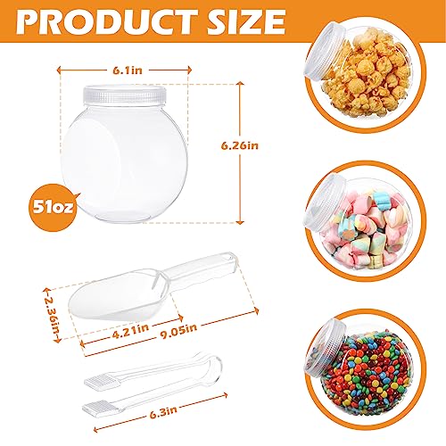 6 Pcs 51 oz Plastic Candy Jars for Candy Buffet Candy Bar Containers for Party with 6 Candy Scoops and 6 Plastic Tongs Clear Cookie Jars with Lids for Table Buffet Bar Sugar Party Display Office Desk
