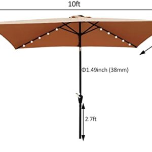 10*6.5ft Solar Patio Umbrella, 26 LED Lighted Rectangular Market Umbrellas with Crank & Push Button Tilt, Table Outdoor Patio Umbrella with Fade-Resistant Polyester Canop, 6 Heavy Duty Square Ribs for Garden Swimming Pool Backyard, Brown