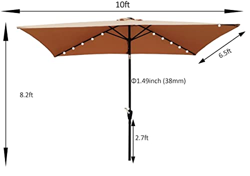 10*6.5ft Solar Patio Umbrella, 26 LED Lighted Rectangular Market Umbrellas with Crank & Push Button Tilt, Table Outdoor Patio Umbrella with Fade-Resistant Polyester Canop, 6 Heavy Duty Square Ribs for Garden Swimming Pool Backyard, Brown