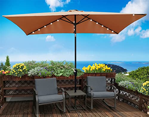 10*6.5ft Solar Patio Umbrella, 26 LED Lighted Rectangular Market Umbrellas with Crank & Push Button Tilt, Table Outdoor Patio Umbrella with Fade-Resistant Polyester Canop, 6 Heavy Duty Square Ribs for Garden Swimming Pool Backyard, Brown