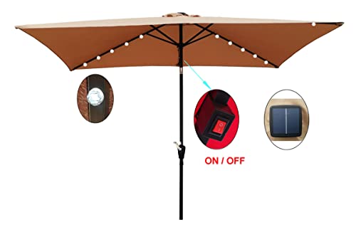 10*6.5ft Solar Patio Umbrella, 26 LED Lighted Rectangular Market Umbrellas with Crank & Push Button Tilt, Table Outdoor Patio Umbrella with Fade-Resistant Polyester Canop, 6 Heavy Duty Square Ribs for Garden Swimming Pool Backyard, Brown