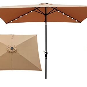 10*6.5ft Solar Patio Umbrella, 26 LED Lighted Rectangular Market Umbrellas with Crank & Push Button Tilt, Table Outdoor Patio Umbrella with Fade-Resistant Polyester Canop, 6 Heavy Duty Square Ribs for Garden Swimming Pool Backyard, Brown