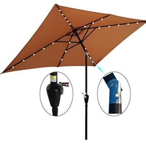 10*6.5ft Solar Patio Umbrella, 26 LED Lighted Rectangular Market Umbrellas with Crank & Push Button Tilt, Table Outdoor Patio Umbrella with Fade-Resistant Polyester Canop, 6 Heavy Duty Square Ribs for Garden Swimming Pool Backyard, Brown