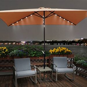 10*6.5ft Solar Patio Umbrella, 26 LED Lighted Rectangular Market Umbrellas with Crank & Push Button Tilt, Table Outdoor Patio Umbrella with Fade-Resistant Polyester Canop, 6 Heavy Duty Square Ribs for Garden Swimming Pool Backyard, Brown