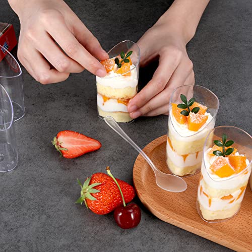 HawHawToys 60 Pack 3 OZ Dessert Cups with Spoons, Triangle Slanted Dessert Shoot Cups Mini Plastic Parfait Cups for Party Individual Desserts, Appetizers Serving