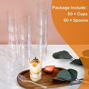 HawHawToys 60 Pack 3 OZ Dessert Cups with Spoons, Triangle Slanted Dessert Shoot Cups Mini Plastic Parfait Cups for Party Individual Desserts, Appetizers Serving