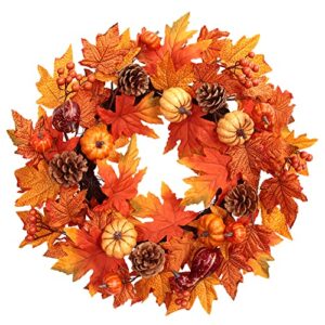 22” fall wreath for front door, autumn wreath with pine cones pumpkin maple leaf, thanksgiving fall wreath for home, wall, porch, windows, suitable for outside/indoor, holiday, party, weddings