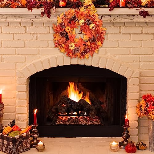 22” Fall Wreath for Front Door, Autumn Wreath with Pine Cones Pumpkin Maple Leaf, Thanksgiving Fall Wreath for Home, Wall, Porch, Windows, Suitable for Outside/Indoor, Holiday, Party, Weddings