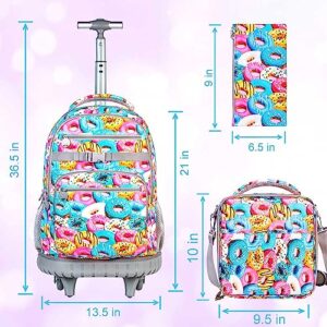 3PCS Rolling Backpack for Women, 19 Inches Travel Roller Bookbag with Wheels, Teen Girls College Backpacks Wheeled - Donuts