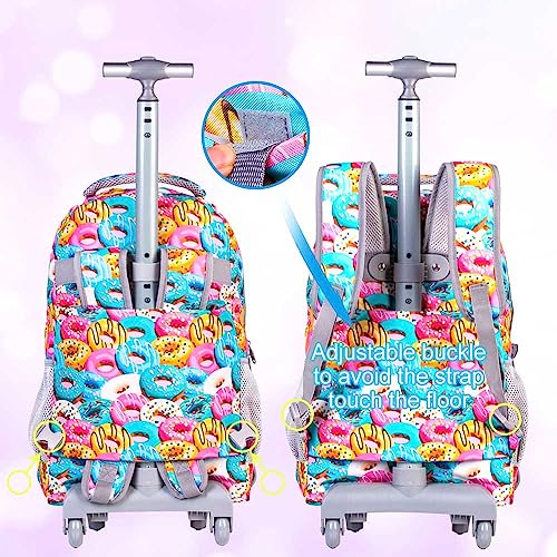 3PCS Rolling Backpack for Women, 19 Inches Travel Roller Bookbag with Wheels, Teen Girls College Backpacks Wheeled - Donuts