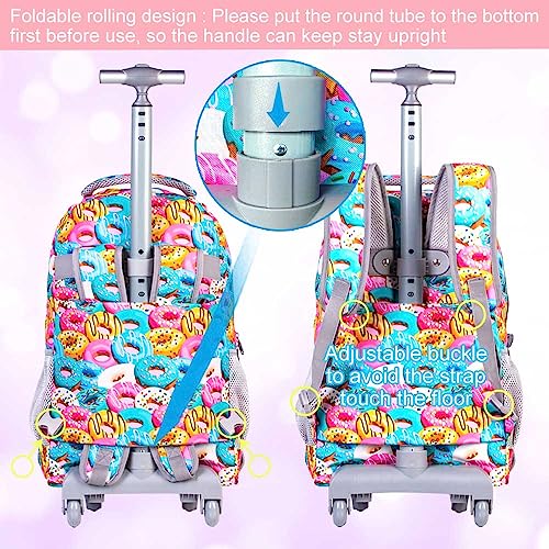 3PCS Rolling Backpack for Women, 19 Inches Travel Roller Bookbag with Wheels, Teen Girls College Backpacks Wheeled - Donuts