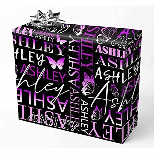 Custom Name Birthday Wrapping Paper Dark Purple Butterfly Pattern Dark Purple Text Personalized Wrap Paper for Boy Girl Men Women Baby Shower Birthday Greeting Gift Wrap Paper Folded Flat on Birthday