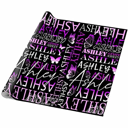 Custom Name Birthday Wrapping Paper Dark Purple Butterfly Pattern Dark Purple Text Personalized Wrap Paper for Boy Girl Men Women Baby Shower Birthday Greeting Gift Wrap Paper Folded Flat on Birthday