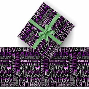 Custom Name Birthday Wrapping Paper Dark Purple Butterfly Pattern Dark Purple Text Personalized Wrap Paper for Boy Girl Men Women Baby Shower Birthday Greeting Gift Wrap Paper Folded Flat on Birthday