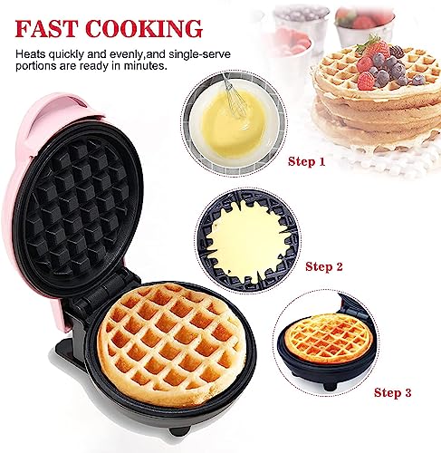 Mini Maker Waffle Maker 5“ Non-Stick Waffler Iron Stuffler Stuffed Wafflera Adjustable Browning Control, Heart, Pink